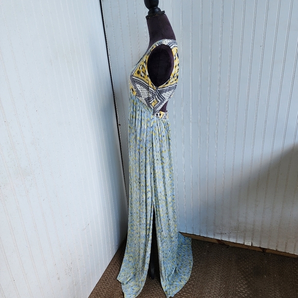 Zara Basic Blue Yellow Cut Out Maxi Dress Outdoors Beach Sleveless Print Sz M - Picture 4 of 13